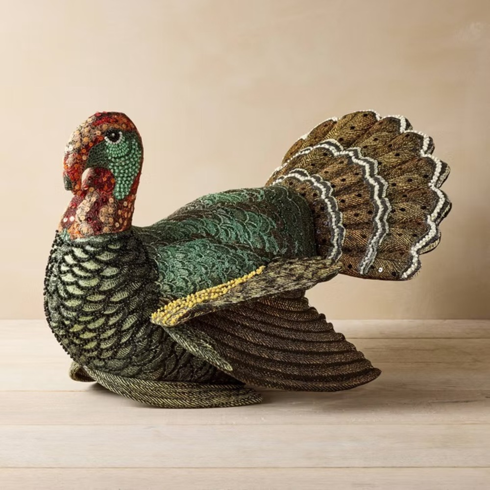 Beaded Turkey Plush Pillow - John Derian Thanksgiving